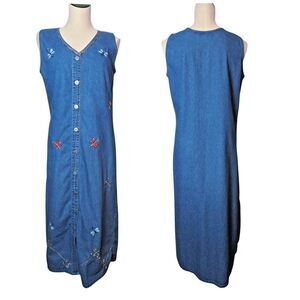 New Direction Denim Maxi Dress Women Size Medium Boho Hippie Festival Dragon Fly